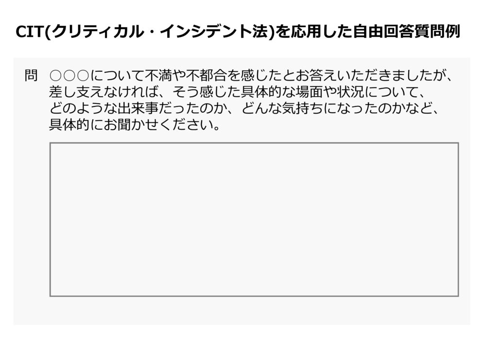 CIT(クリティカル・インシデント法)を応用した自由回答の質問例(問 ○○○について不満や不都合を感じたとお答えいただきましたが、差し支えなければ、そう感じた具体的な場面や状況について、どのような出来事だったのか、どんな気持ちになったのかなど、具体的にお聞かせください。)
