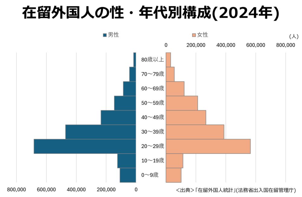 在留外国人の性・年代別構成。20~30代の若年層が過半数を占める